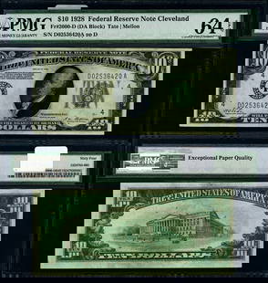 1928 $10 Federal Reserve Note Cleveland D-A Block PMG CU64 EPQ: 1928 $10 Federal Reserve Note Cleveland D-A Block PMG CU64 EPQ This 1928 Federal Reserve Note features the Cleveland D-A Block and is graded as Choice Uncirculated (CU64 EPQ) by PMG. It showcases a