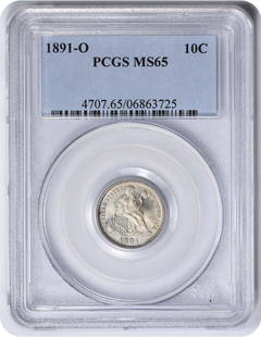 1891-O Liberty Seated Dime MS65 PCGS Certified Silver Coin: 1891-O Liberty Seated Dime MS65 PCGS Certified Silver Coin This 1891-O Liberty Seated Silver Dime is a remarkable piece certified by PCGS with a grade of MS65, indicating its excellent condition.