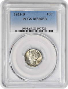 1935-D Mercury Dime MS66FB PCGS Uncirculated 90% Silver: 1935-D Mercury Dime MS66FB PCGS Uncirculated 90% Silver This 1935-D Mercury Silver Dime is certified by PCGS and boasts an impressive grade of MS66FB, indicating its uncirculated condition. Minted