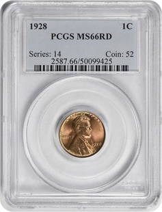 1928 Lincoln Cent MS66RD Uncirculated PCGS Copper Wheat Coin: 1928 Lincoln Cent MS66RD Uncirculated PCGS Copper Wheat Coin This 1928 Lincoln Cent is graded MS66RD by PCGS, a testament to its exceptional uncirculated condition. Struck from copper, this coin