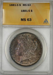 1881-S Morgan Silver Dollar ANACS MS63 Toned Uncirculated Coin: 1881-S Morgan Silver Dollar ANACS MS63 Toned Uncirculated Coin This 1881-S Morgan Silver Dollar is a stunning piece, graded MS 63 by ANACS, indicating its high quality and uncirculated condition.