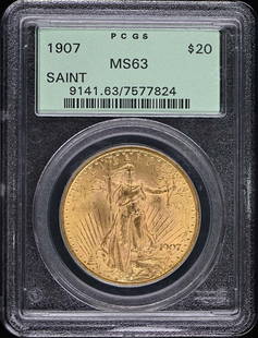 1907 Saint Gaudens $20 Coin PCGS MS63 Uncirculated Philadelphia Mint: 1907 Saint Gaudens $20 Coin PCGS MS63 Uncirculated Philadelphia Mint This 1907 $20 Saint Gaudens coin, graded MS63 by PCGS, is a stunning example of numismatic excellence. It was minted in