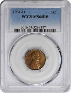 1931-D Lincoln Cent MS64RB Uncirculated by PCGS: 1931-D Lincoln Cent MS64RB Uncirculated by PCGS This 1931-D Lincoln Cent is graded MS64RB by PCGS, ensuring its high-quality condition as an uncirculated coin. Minted in Denver, this small cent