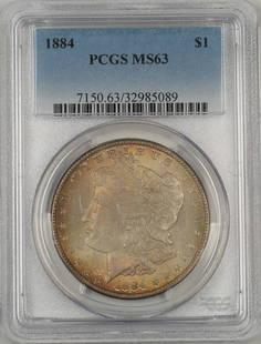 1884 Morgan Silver Dollar PCGS MS-63 Toned Uncirculated Coin: 1884 Morgan Silver Dollar PCGS MS-63 Toned Uncirculated Coin This 1884 Morgan Silver Dollar $1 Coin is a stunning piece of numismatic history, certified by PCGS with a grade of MS-63. Produced in