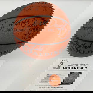 1984-85 Phoenix Suns Signed Game Used Spalding Basketball with Beckett COA: 1984-85 Phoenix Suns Signed Game Used Spalding Basketball with Beckett COA This is a game-used Spalding official basketball from the 1984-85 Phoenix Suns, featuring authentic signatures from key