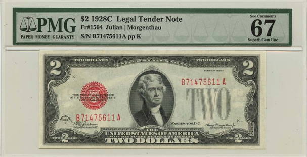 1928C $2 Legal Tender Note Fr# 1504 PMG Gem 67 EPQ: 1928C $2 Legal Tender Note Fr# 1504 PMG Gem 67 EPQ This listing features a 1928C $2 Legal Tender Note, designated as Fr# 1504. Certified by PMG with a grade of Gem 67 EPQ, this note is in