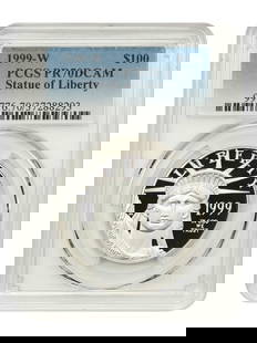 1999-W $100 Statue of Liberty Platinum Eagle PCGS PR70DCAM: 1999-W $100 Statue of Liberty Platinum Eagle PCGS PR70DCAM This stunning 1999-W $100 Statue of Liberty coin is a remarkable addition to any collection. Graded PR70DCAM by PCGS, this uncirculated
