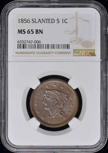 1856 NGC MS65BN Slanted 5 Coronet Braided Hair Cent Uncirculated: 1856 NGC MS65BN Slanted 5 Coronet Braided Hair Cent Uncirculated This stunning 1856 Slanted 5 Coronet, Braided Hair Cent is a remarkable addition for any coin collector. Graded MS65 by NGC, this