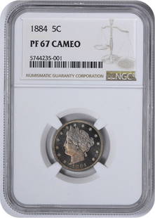 1884 Liberty Nickel PR67CAM NGC Uncirculated Proof Coin: 1884 Liberty Nickel PR67CAM NGC Uncirculated Proof Coin This 1884 Liberty Nickel is a stunning example, graded PR67CAM by NGC, showcasing its remarkable proof strike. With no mint mark, this