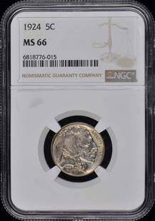 1924 Buffalo Nickel NGC MS66 Uncirculated Philadelphia Mint: 1924 Buffalo Nickel NGC MS66 Uncirculated Philadelphia Mint This 1924 Buffalo Nickel, graded MS66 by NGC, represents an exceptional example of this classic American coin. Struck in Philadelphia, it