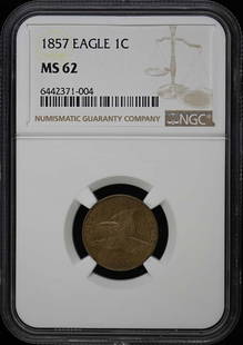 1857 NGC MS62 Flying Eagle Cent Uncirculated Philadelphia Coin: 1857 NGC MS62 Flying Eagle Cent Uncirculated Philadelphia Coin This 1857 Flying Eagle Cent is certified by NGC with a grade of MS62, indicating it is in uncirculated condition. Minted in