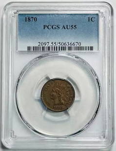 1870 P Indian Head Penny PCGS AU 55 Copper Coin: 1870 P Indian Head Penny PCGS AU 55 Copper Coin This 1870 P Small Cents Indian Head Penny is certified by PCGS and graded AU 55. Made of copper, this circulated coin features the iconic Indian Head
