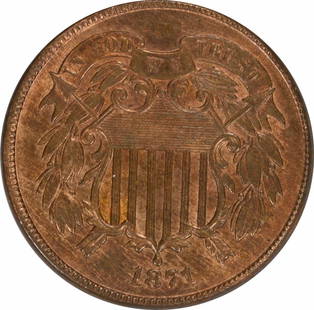 1871 Two Cent Piece KM 94 Choice Brilliant Uncirculated Copper: 1871 Two Cent Piece KM 94 Choice Brilliant Uncirculated Copper This 1871 Two Cent Piece is a remarkable example of American numismatics, featuring a Choice Brilliant Uncirculated grade. With no mint