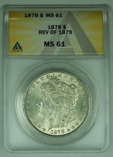 1878 Morgan Silver Dollar ANACS MS 61 Uncirculated Coin: 1878 Morgan Silver Dollar ANACS MS 61 Uncirculated Coin This stunning 1878 REV OF 79 Morgan Silver $1 Dollar Coin is a remarkable piece for collectors. Graded MS 61, this uncirculated coin showcases