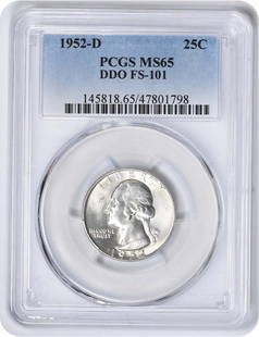1952-D Washington Quarter Silver MS65 PCGS Certified Uncirculated: 1952-D Washington Quarter Silver MS65 PCGS Certified Uncirculated This 1952-D Washington Quarter is a remarkable addition to any coin collection. Graded MS65 by PCGS, this uncirculated coin boasts