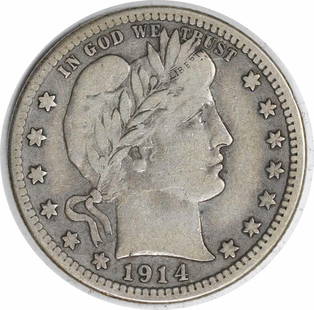 1914-S Barber Silver Quarter 25C Uncertified by Charles E. Barber: 1914-S Barber Silver Quarter 25C Uncertified by Charles E. Barber This 1914-S Barber Silver Quarter is a classic piece of numismatic history, showcasing the artistry of designer Charles E. Barber.