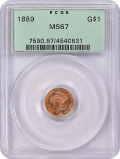 1889 $1 Gold Type 3 Coin MS67 PCGS Uncirculated Rare: 1889 $1 Gold Type 3 Coin MS67 PCGS Uncirculated Rare This 1889 $1 Gold Type 3 coin is a remarkable example of uncirculated quality, certified by PCGS with a grade of MS67. Struck at the Philadelphia