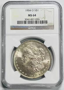 1904 O Morgan Silver Dollar NGC MS 64 Uncirculated Silver Coin: 1904 O Morgan Silver Dollar NGC MS 64 Uncirculated Silver Coin This stunning 1904 O Morgan Silver Dollar is certified by NGC with a grade of MS 64, indicating an uncirculated condition. Struck in