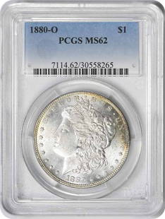 1880-O Morgan Silver Dollar MS62 PCGS Uncirculated Coin: 1880-O Morgan Silver Dollar MS62 PCGS Uncirculated Coin This 1880-O Morgan Silver Dollar is a stunning addition to any coin collection. Certified by PCGS with a grade of MS62, this uncirculated coin