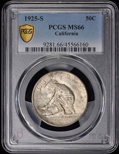 1925-S California 50C Silver Coin PCGS MS66 Uncirculated: 1925-S California 50C Silver Coin PCGS MS66 Uncirculated This 1925-S California 50C Silver Commemorative coin is a stunning piece with a grade of MS66, certified by PCGS. It was minted in San