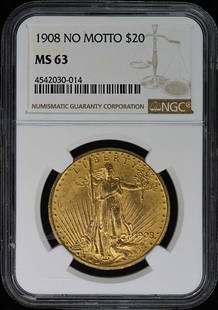 1908 Saint Gaudens $20 Coin NGC MS63 Uncirculated: 1908 Saint Gaudens $20 Coin NGC MS63 Uncirculated This 1908 Saint Gaudens $20 coin is certified by NGC with a grade of MS63, indicating it is in uncirculated condition. Minted in Philadelphia, this