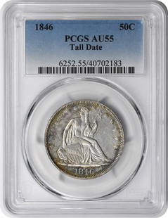 1846 Liberty Seated Half Dollar AU55 PCGS Tall Date 50C: 1846 Liberty Seated Half Dollar AU55 PCGS Tall Date 50C This 1846 Liberty Seated Silver Half Dollar features a tall date and is graded AU55 by PCGS, indicating its excellent condition. Minted in
