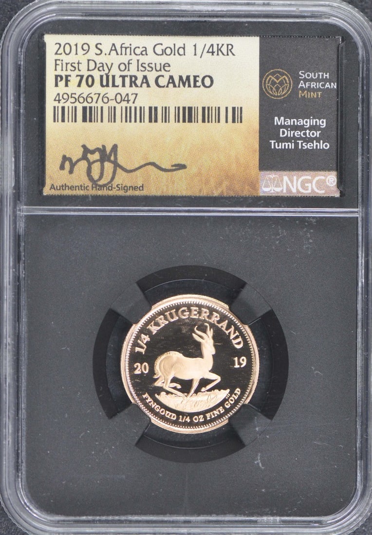 2010 Gold Krugerrand 1/4oz NGC PF70 Ultra Cameo First Day Issue: 2010 Gold Krugerrand 1/4oz NGC PF70 Ultra Cameo First Day Issue This 2010 South Africa 1/4 Gold Krugerrand is a stunning piece, graded PR70 by NGC, showcasing an Ultra Cameo finish. It is part of the 