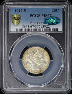 1912-S Barber Quarter PCGS MS67 CAC San Francisco Coin: 1912-S Barber Quarter PCGS MS67 CAC San Francisco Coin This 1912-S Barber Quarter is graded MS67 by PCGS, ensuring its exceptional condition and quality. It has been awarded a CAC designation,