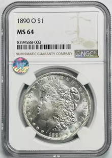 1890 O Morgan Silver Dollar NGC MS 64 Uncirculated: 1890 O Morgan Silver Dollar NGC MS 64 Uncirculated This stunning 1890 O Morgan Silver Dollar, certified by NGC with a grade of MS 64, showcases its uncirculated condition, making it a remarkable