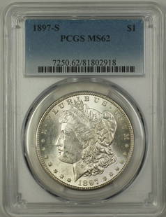1897-S Morgan Silver Dollar PCGS MS62 Uncirculated Coin: 1897-S Morgan Silver Dollar PCGS MS62 Uncirculated Coin This 1897-S Morgan Silver Dollar is a stunning example of an uncirculated coin, certified by PCGS with a grade of MS 62. Minted in San