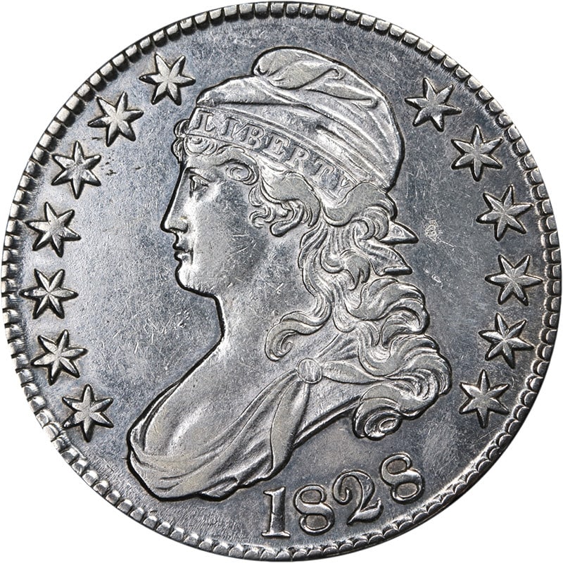 1828 Curl Base No Knob Half Dollar XF/AU Silver Coin: 1828 Curl Base No Knob Half Dollar XF/AU Silver Coin This 1828 Bust Half Dollar is a remarkable piece for collectors, showcasing a Curl Base No Knob design. It has been graded as XF/AU Details, indica