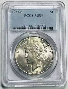 1927 S Peace Dollar Silver PCGS MS-64 Uncirculated Coin: 1927 S Peace Dollar Silver PCGS MS-64 Uncirculated Coin This 1927 S Peace Dollar is graded MS-64 by PCGS, ensuring its high quality and uncirculated condition. Minted in San Francisco, this silver