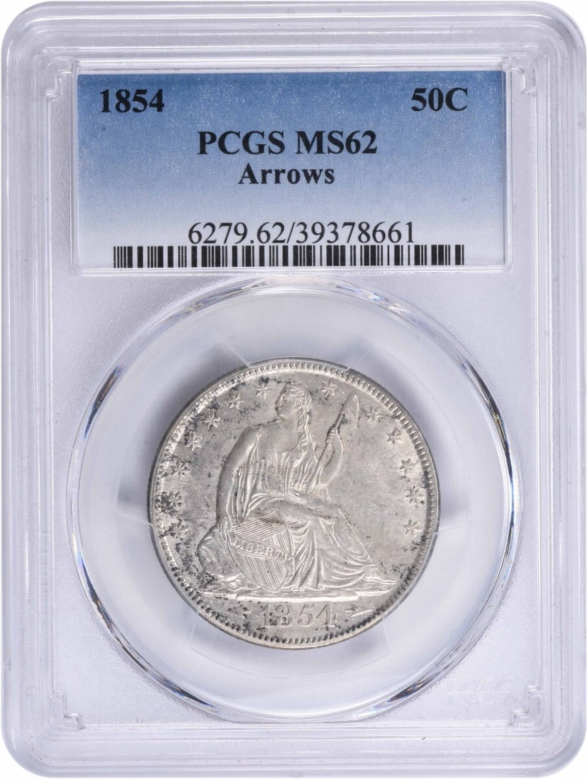 1854 Liberty Seated Half Dollar MS62 PCGS 90% Silver: 1854 Liberty Seated Half Dollar MS62 PCGS 90% Silver This 1854 Liberty Seated Half Dollar features the classic designs of Thomas Sully and Christian Gobrecht, and is a notable addition for any numisma