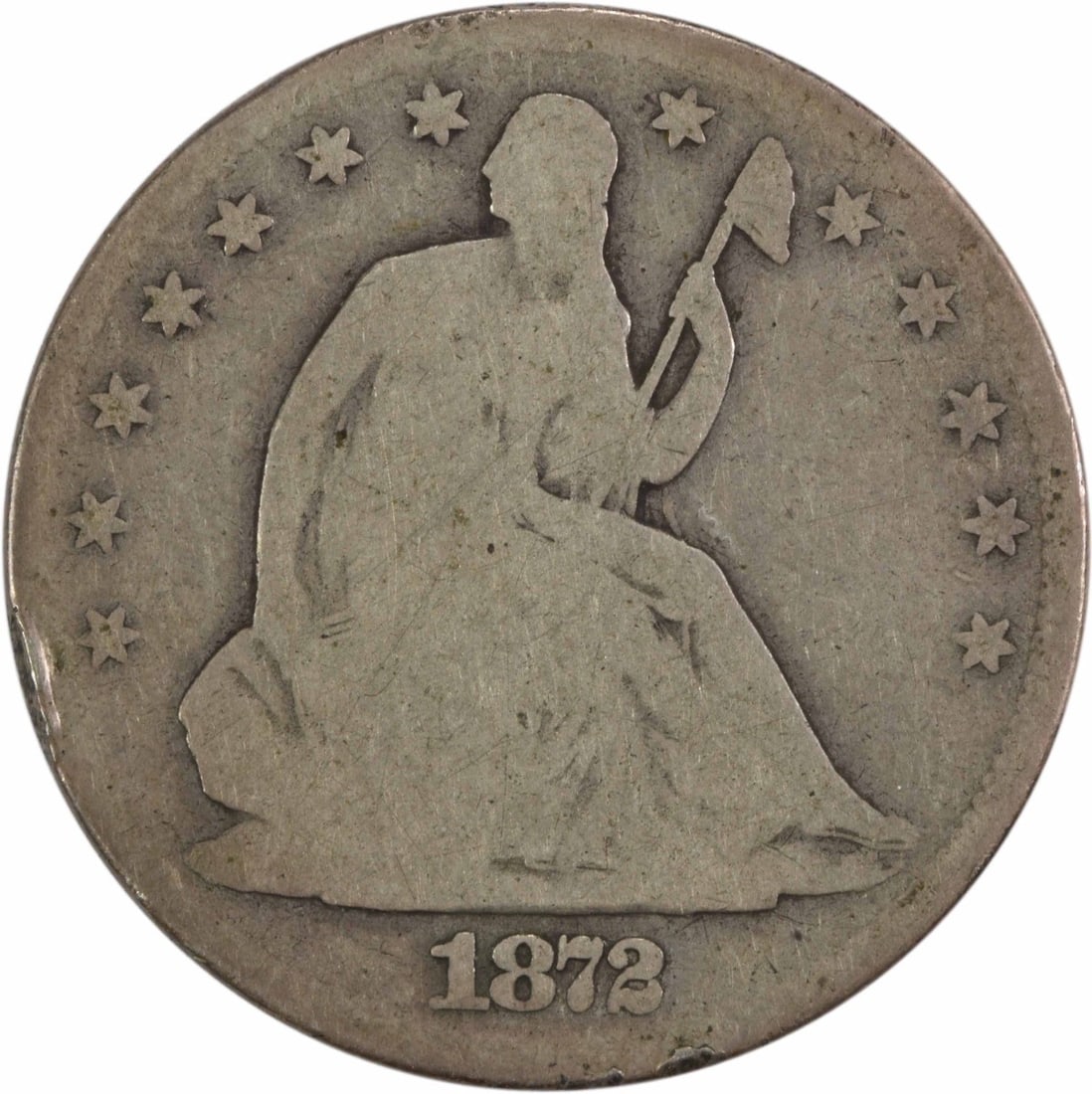 1872-CC Liberty Seated Half Dollar 50C Silver Coin Uncertified: 1872-CC Liberty Seated Half Dollar 50C Silver Coin Uncertified This 1872-CC Liberty Seated Half Dollar is a classic piece of numismatic history. The coin features a design by Thomas Sully and Christia