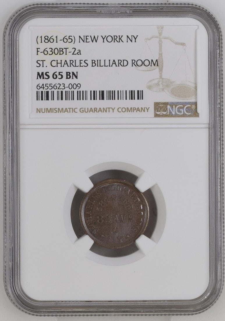 1861 NGC MS 65 Civil War Token St Charles Billiard Room New York: 1861 NGC MS 65 Civil War Token St Charles Billiard Room New York This 1861 Civil War Token from the St. Charles Billiard Room in New York is certified by NGC with a remarkable grade of MS 65. This unc