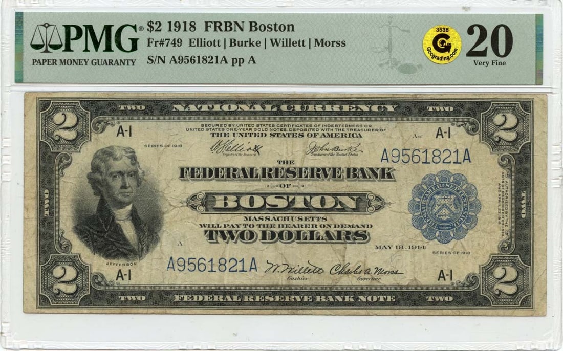 1918 $2 Federal Reserve Bank Note Boston Fr# 749 PMG VF20: 1918 $2 Federal Reserve Bank Note Boston Fr# 749 PMG VF20 This 1918 $2 Federal Reserve Bank Note from Boston features the signatures of Elliott, Burke, Willett, and Morss. Certified by PMG with a grad