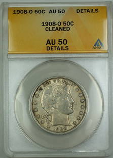 1908-O Barber Silver Half Dollar ANACS AU-50 Details Circulated: 1908-O Barber Silver Half Dollar ANACS AU-50 Details Circulated This 1908-O Barber Silver Half Dollar features a stunning design from the New Orleans mint, encapsulated with certification from ANACS