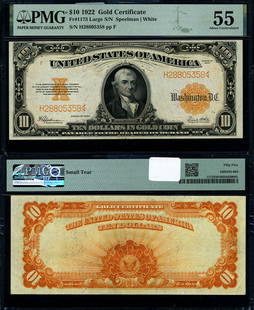 1922 $10 PMG AU55 Gold Certificate Circulated Note: 1922 $10 PMG AU55 Gold Certificate Circulated Note This is a 1922 $10 Gold Certificate featuring a grade of AU55 as certified by PMG (Certification Number: 1802443-004). The note has been circulated