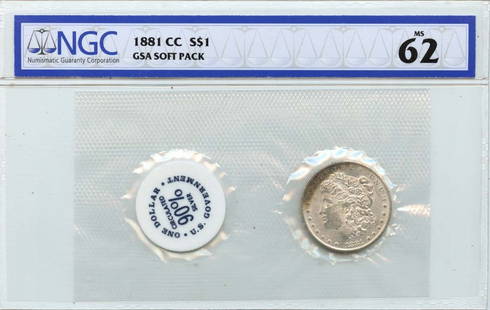 1881-CC Morgan Dollar NGC MS62 Uncirculated GSA Soft Pack: 1881-CC Morgan Dollar NGC MS62 Uncirculated GSA Soft Pack This 1881-CC Morgan Dollar is a remarkable piece, certified by NGC with a grade of MS62, indicating its uncirculated condition. Minted in