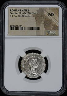Gordian III Roman Empire AR Double-Denarius NGC MS60 Certified Coin: Gordian III Roman Empire AR Double-Denarius NGC MS60 Certified Coin This ancient Roman coin features a double-denarius from the reign of Gordian III, dated AD 238-244. It is certified by NGC with a