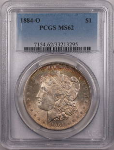 1884-O Morgan Silver Dollar PCGS MS 62 Rainbow Toned Coin: 1884-O Morgan Silver Dollar PCGS MS 62 Rainbow Toned Coin This 1884-O Morgan Silver Dollar is a stunning representation of American coinage, featuring beautiful rainbow toning that enhances its