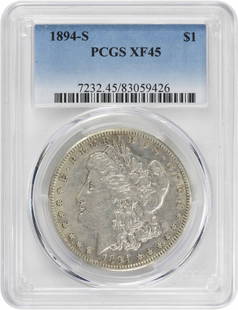 1894-S Morgan Silver Dollar EF45 PCGS Certified Silver Coin: 1894-S Morgan Silver Dollar EF45 PCGS Certified Silver Coin This 1894-S Morgan Silver Dollar is a stunning piece certified by PCGS, graded EF45. Minted in San Francisco, this historic coin features