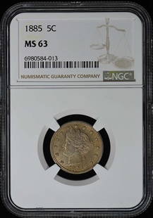 1885 Liberty Nickel NGC MS63 Uncirculated Philadelphia Mint: 1885 Liberty Nickel NGC MS63 Uncirculated Philadelphia Mint This 1885 Liberty Nickel, graded MS63 by NGC, is an uncirculated piece featuring the iconic design minted in Philadelphia. A great
