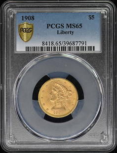 1908 $5 Liberty Head Half Eagle Coin PCGS MS65 Certified: 1908 $5 Liberty Head Half Eagle Coin PCGS MS65 Certified This 1908 $5 Liberty Head Half Eagle coin is certified by PCGS with a grade of MS65, indicating its uncirculated condition. Minted in