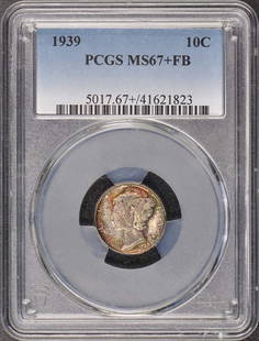 1939 Mercury Dime PCGS MS67+FB Philadelphia Uncirculated Coin: 1939 Mercury Dime PCGS MS67+FB Philadelphia Uncirculated Coin This 1939 Mercury Dime, certified by PCGS with certification number 41621823, boasts a remarkable MS67+FB grade, indicating its