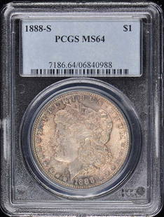 1888-S Morgan Dollar PCGS MS64 Uncirculated San Francisco Mint: 1888-S Morgan Dollar PCGS MS64 Uncirculated San Francisco Mint This 1888-S $1 Morgan Dollar is certified by PCGS with a grade of MS64, indicating its uncirculated condition. Minted in San Francisco,