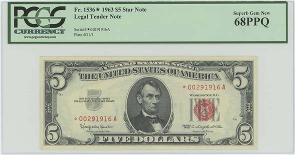 1963 $5 Legal Tender Note FR#1536* PCGS 68 Superb Gem Star: 1963 $5 Legal Tender Note FR#1536* PCGS 68 Superb Gem Star This 1963 $5 Legal Tender Note (FR#1536*) is a stunning example of currency certification by PCGS, graded at MS68, indicating it is in