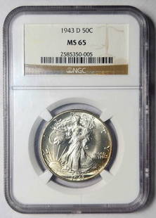 1943 D Walking Liberty Half Dollar NGC MS 65 Uncirculated Silver Coin: 1943 D Walking Liberty Half Dollar NGC MS 65 Uncirculated Silver Coin This 1943 D Walking Liberty Half Dollar is a stunning example of numismatic artistry, certified by NGC with a grade of MS 65.