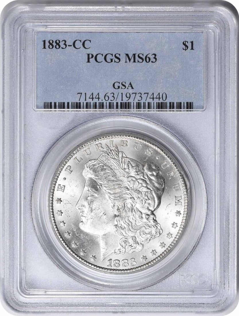 1883-CC Morgan Silver Dollar MS63 PCGS Uncirculated Coin: 1883-CC Morgan Silver Dollar MS63 PCGS Uncirculated Coin This 1883-CC Morgan Silver Dollar, graded MS63 by PCGS, is a stunning example of American numismatic history. Struck in Carson City, this uncir
