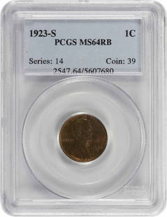 1923-S Lincoln Wheat Cent MS64RB Certified by PCGS Copper Coin: 1923-S Lincoln Wheat Cent MS64RB Certified by PCGS Copper Coin This 1923-S Lincoln Cent is graded MS64RB by PCGS, ensuring its high-quality uncirculated condition. It features a beautiful copper